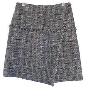 HALOGEN 8‎ Tweed A-Line Short Skirt Fringe Asymmetric Black White & Metallic